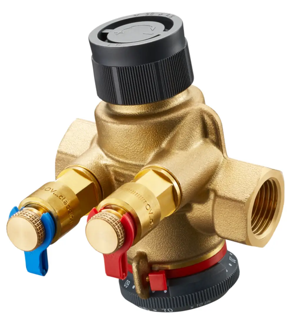 Oventrop Regelventil mit zwei Messventilen, ausgestattet mit Anschlüssen für hydraulische Anwendungen, in goldfarbener Ausführung und mit drehbarem Einstellkopf.